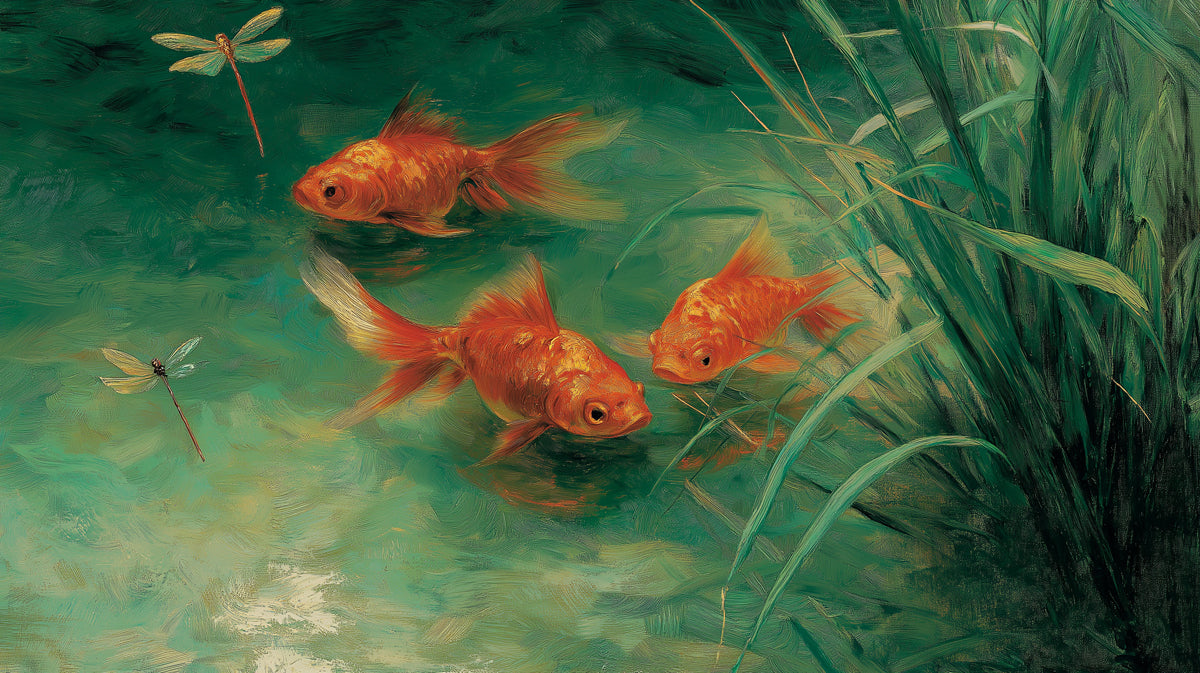 Golden Koi Pond Art Mural Wallpaper | Traditional Fish Painting with Dragonflies