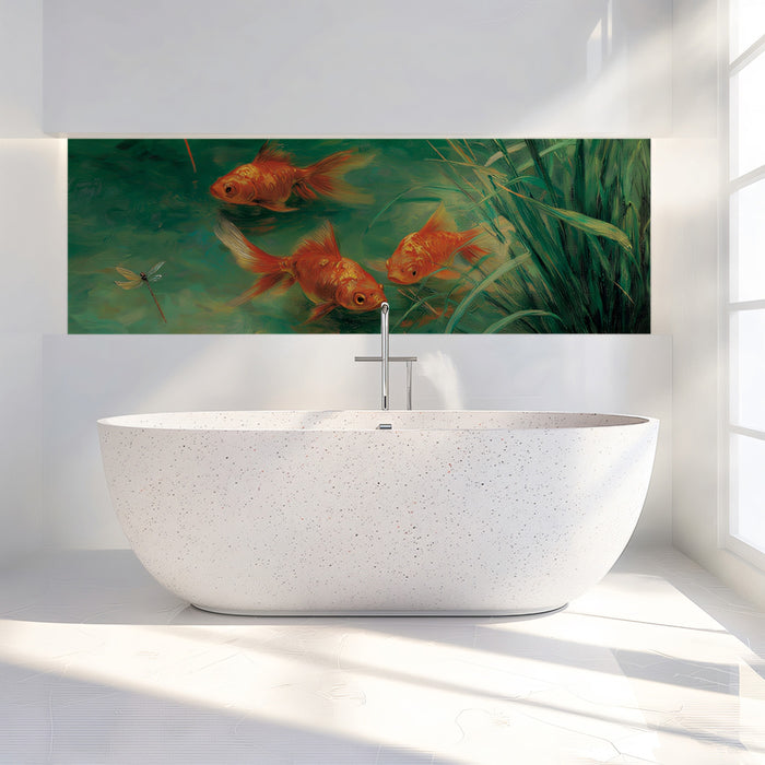 Golden Koi Pond Art Mural Wallpaper | Traditional Fish Painting with Dragonflies