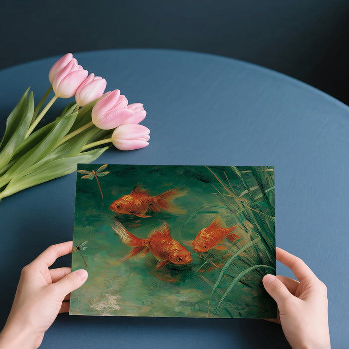 Golden Koi Pond Art Mural Wallpaper | Traditional Fish Painting with Dragonflies