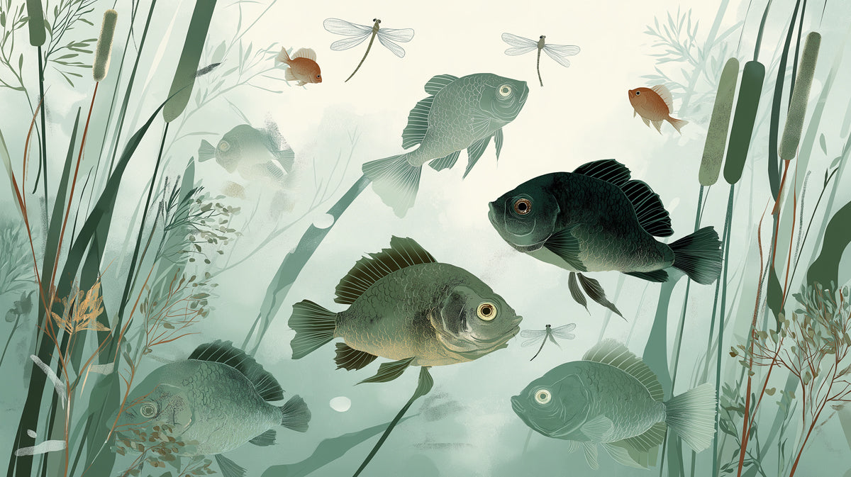 Serene Fish Pond Art Mural Wallpaper | Peaceful Aquatic Scene with Dragonflies