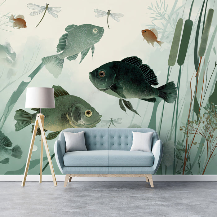 Serene Fish Pond Art Mural Wallpaper | Peaceful Aquatic Scene with Dragonflies