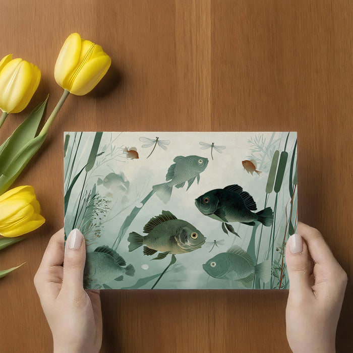 Serene Fish Pond Art Mural Wallpaper | Peaceful Aquatic Scene with Dragonflies