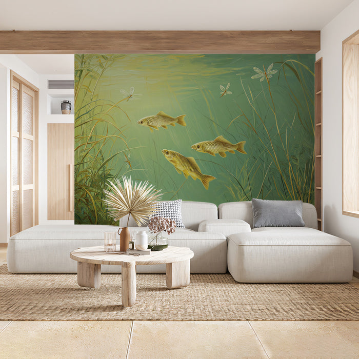 Tranquil Underwater Fish Scene Mural Wallpaper | Peaceful Aquatic Art with Dragonflies