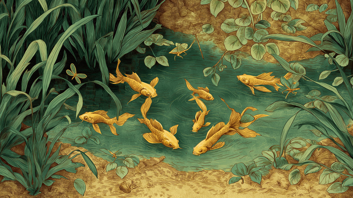 Golden Fish Pond Art Mural Wallpaper | Traditional Illustration of Koi with Dragonflies