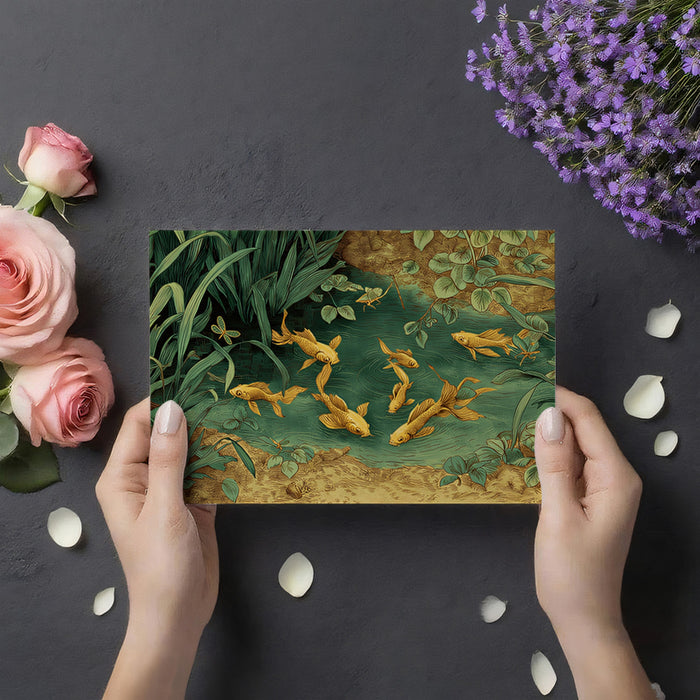Golden Fish Pond Art Mural Wallpaper | Traditional Illustration of Koi with Dragonflies