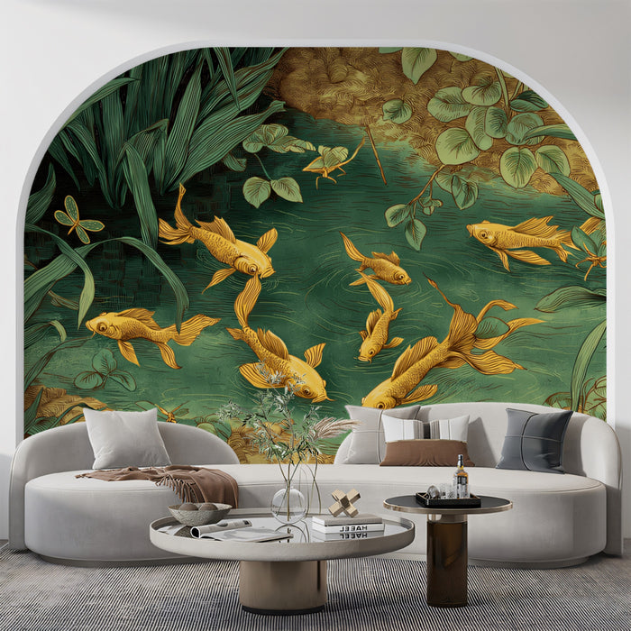 Golden Fish Pond Art Mural Wallpaper | Traditional Illustration of Koi with Dragonflies