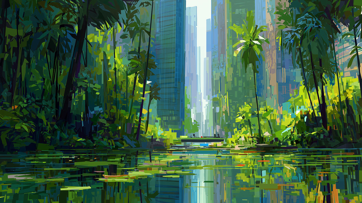 Green City River Mural Wallpaper | Abstract Urban Landscape with Nature Fusion