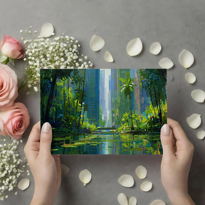 Green City River Mural Wallpaper | Abstract Urban Landscape with Nature Fusion