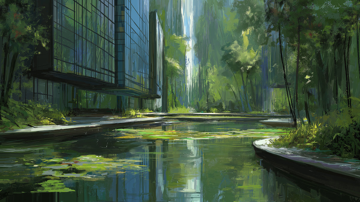 Serene Green City Pond Mural Wallpaper | Abstract Urban Landscape with Nature Fusion