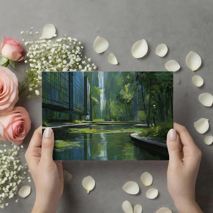Serene Green City Pond Mural Wallpaper | Abstract Urban Landscape with Nature Fusion
