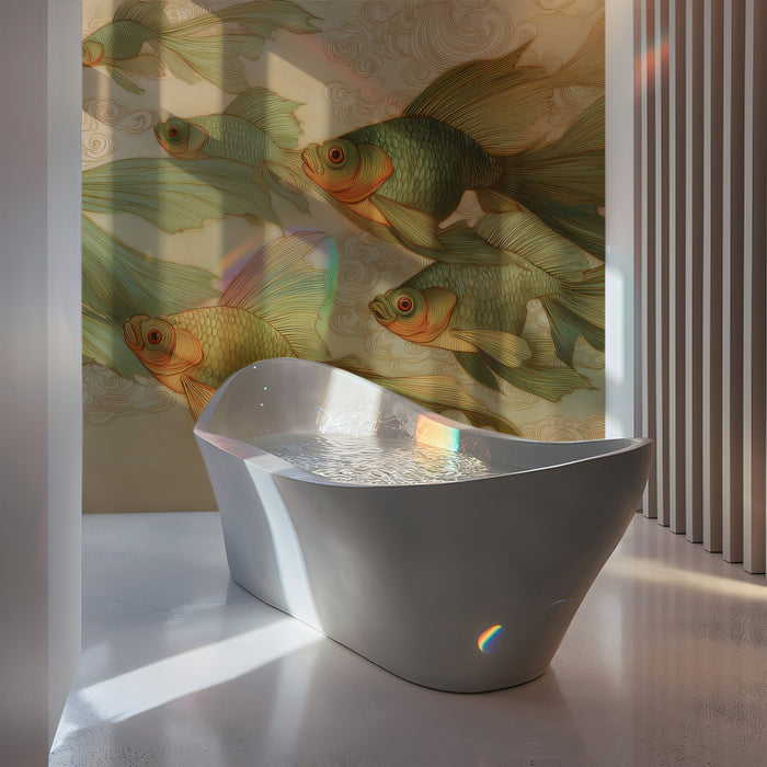 Ethereal Fish in the Sky Mural Wallpaper | Surreal Painting with Koi & Clouds