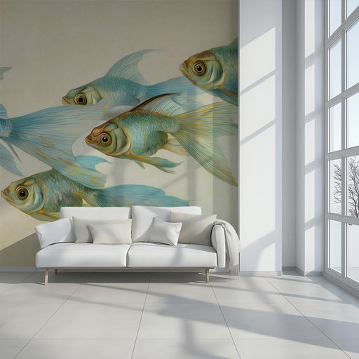 Modern living room with a white sofa and fish mural on the wall.