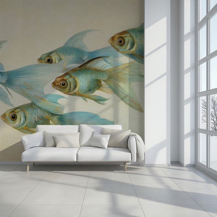 Floating Fish Dreamscape Mural Wallpaper | Surreal Painting with Blue Koi
