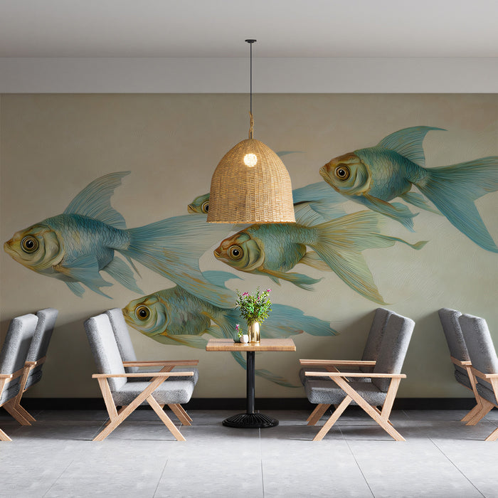 Floating Fish Dreamscape Mural Wallpaper | Surreal Painting with Blue Koi