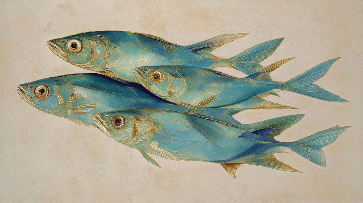 Blue Fish School Painting Mural Wallpaper | Serene Aquatic Art