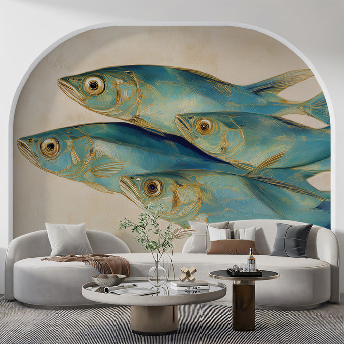 Blue Fish School Painting Mural Wallpaper | Serene Aquatic Art