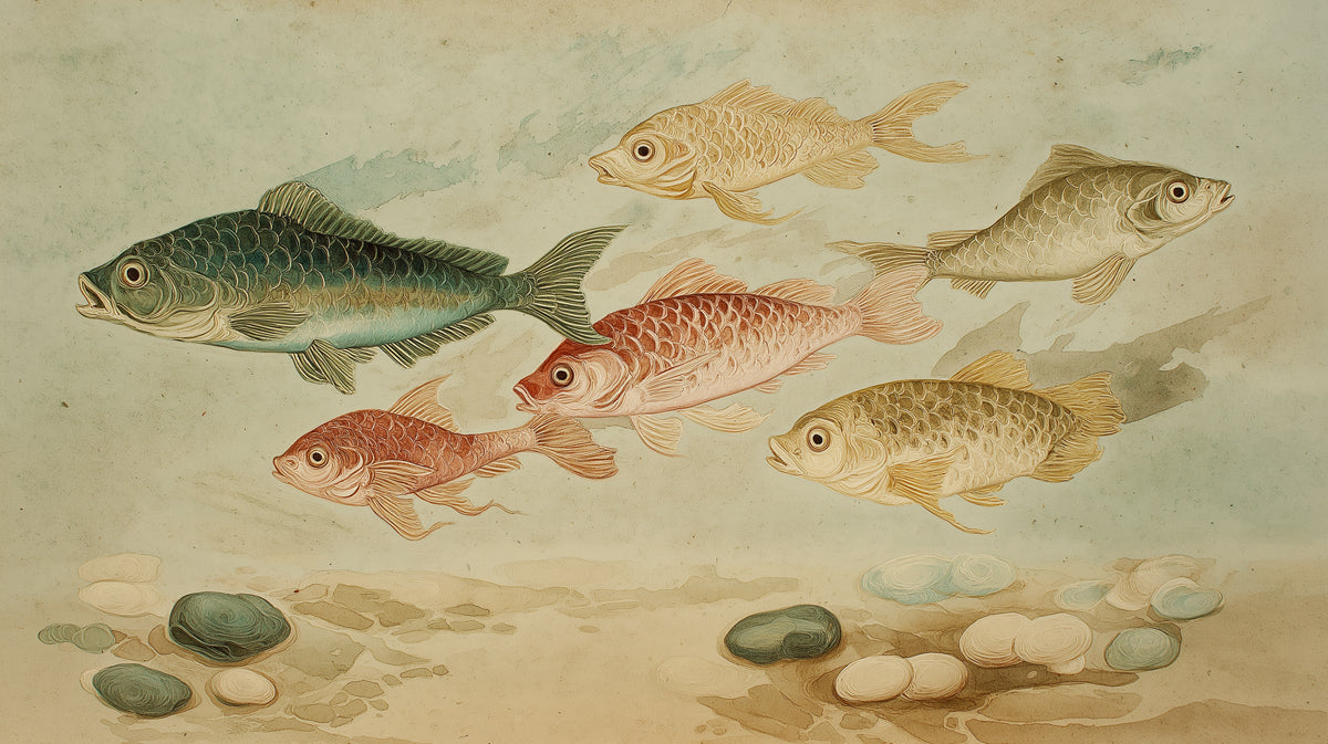 Vintage Fish School Painting Mural Wallpaper | Classic Aquatic Art