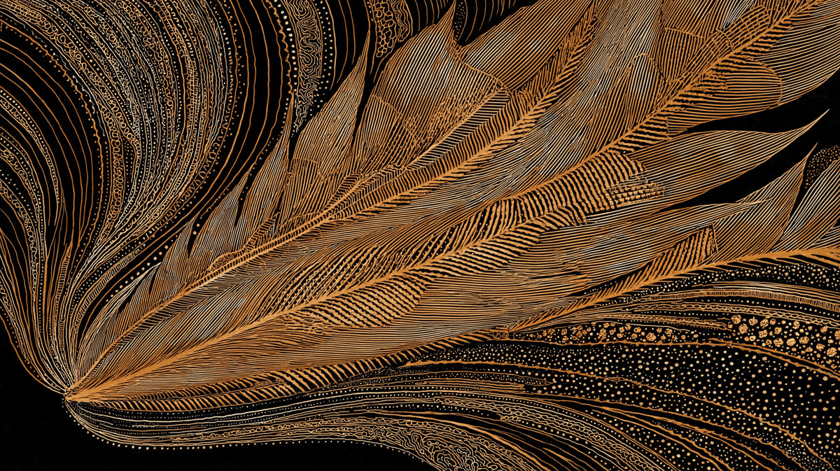 Abstract Golden Feather Art Mural Wallpaper | Luxurious Line Art with Shimmering Accents