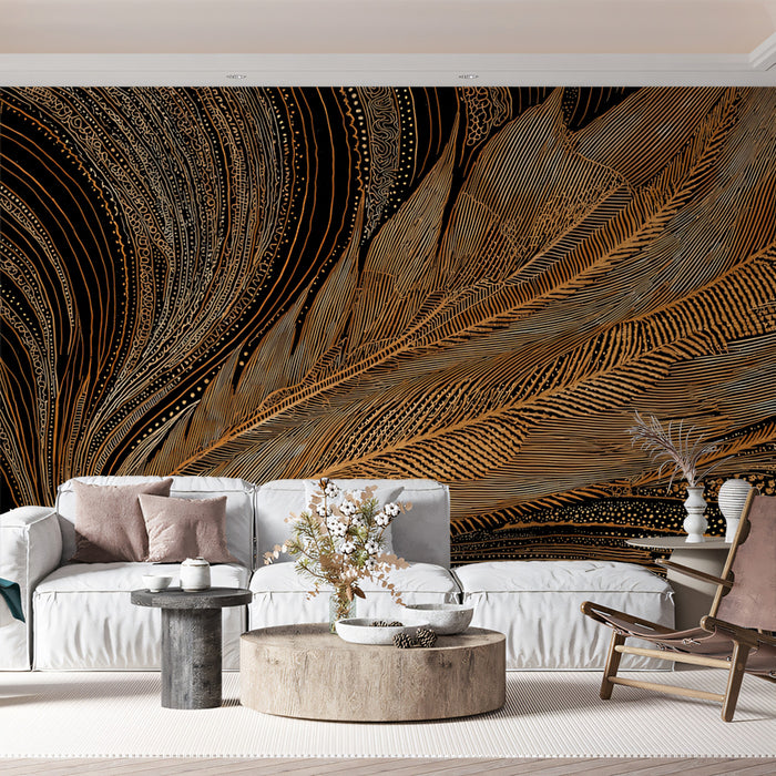 Abstract Golden Feather Art Mural Wallpaper | Luxurious Line Art with Shimmering Accents