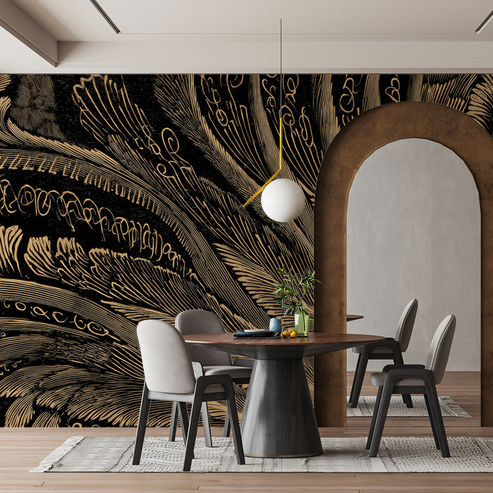 Abstract Golden Feathers Mural Wallpaper | Luxurious Line Art with Intricate Patterns
