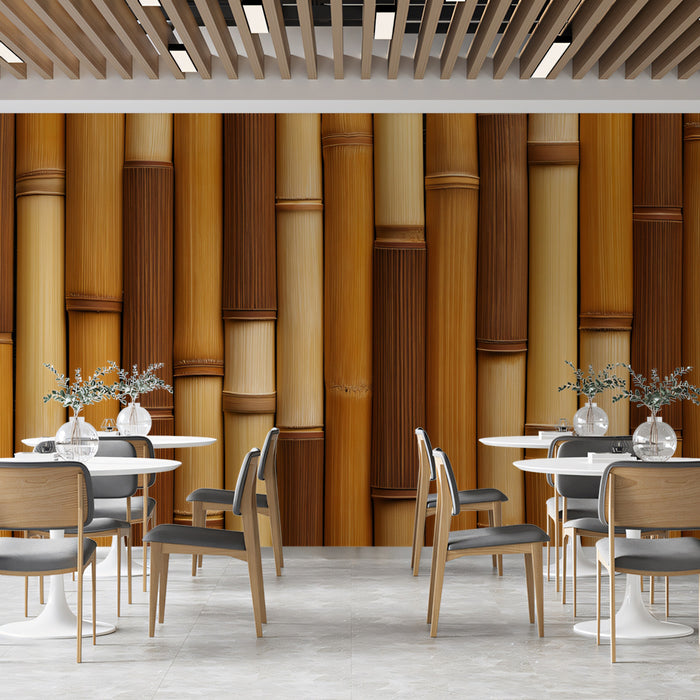 Rustic Bamboo Forest Mural Wallpaper | Natural Wood Texture in Warm Tones