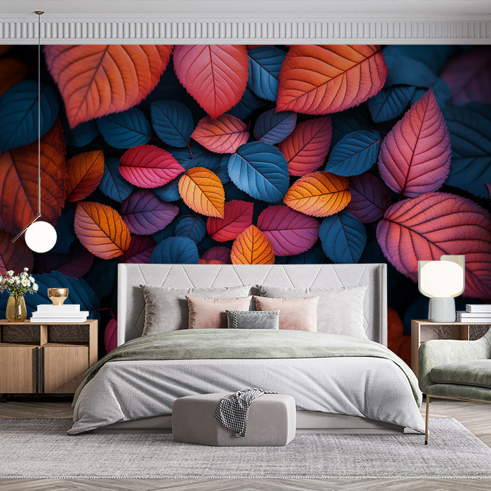 Colorful Leaf Mural Wallpaper in Bedroom | Various Colors (Orange, Blue, Purple, etc.) Leaves -3
