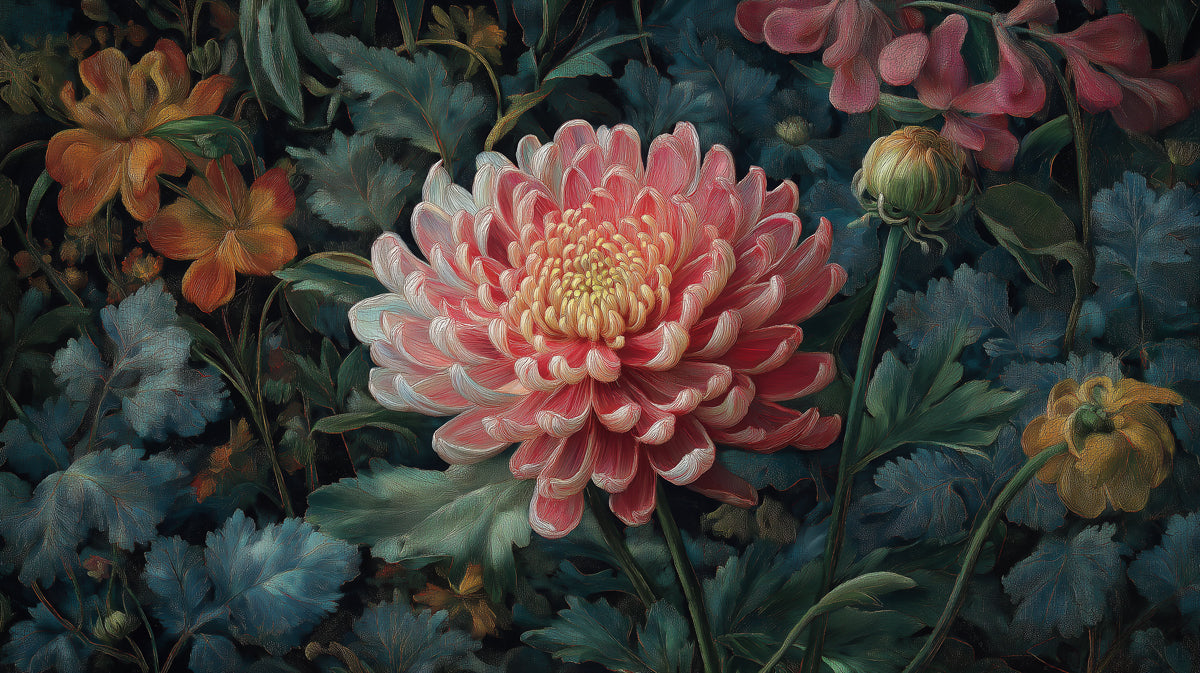 Elegant Chrysanthemum Painting Mural Wallpaper | Classic Floral Art with Dark Background