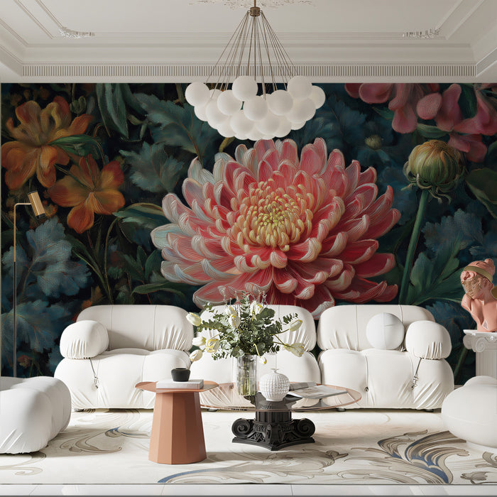 Elegant Chrysanthemum Painting Mural Wallpaper | Classic Floral Art with Dark Background