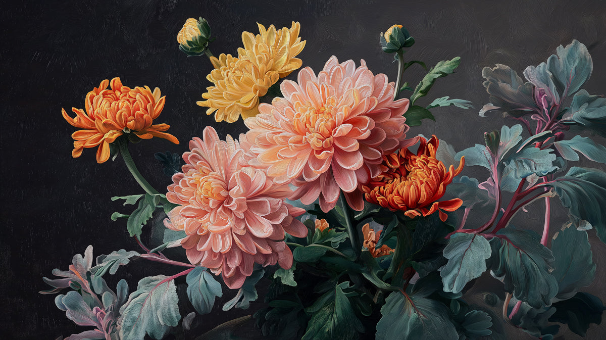 Vibrant Chrysanthemum Painting Mural Wallpaper | Classic Floral Art with Dark Background