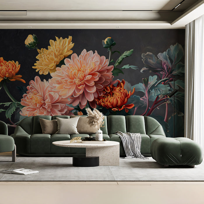 Vibrant Chrysanthemum Painting Mural Wallpaper | Classic Floral Art with Dark Background