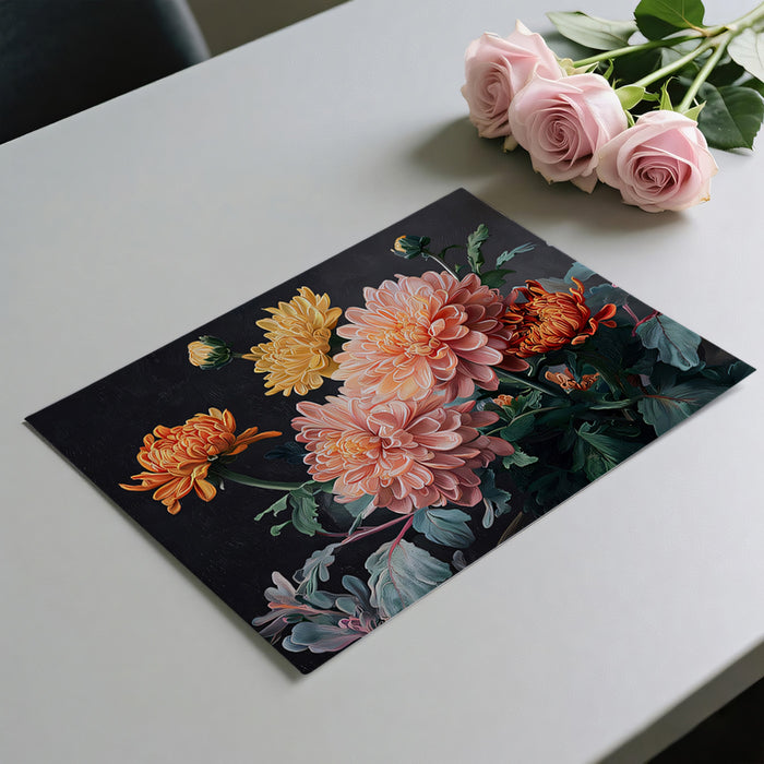 Vibrant Chrysanthemum Painting Mural Wallpaper | Classic Floral Art with Dark Background