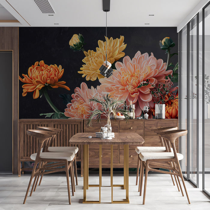 Vibrant Chrysanthemum Painting Mural Wallpaper | Classic Floral Art with Dark Background