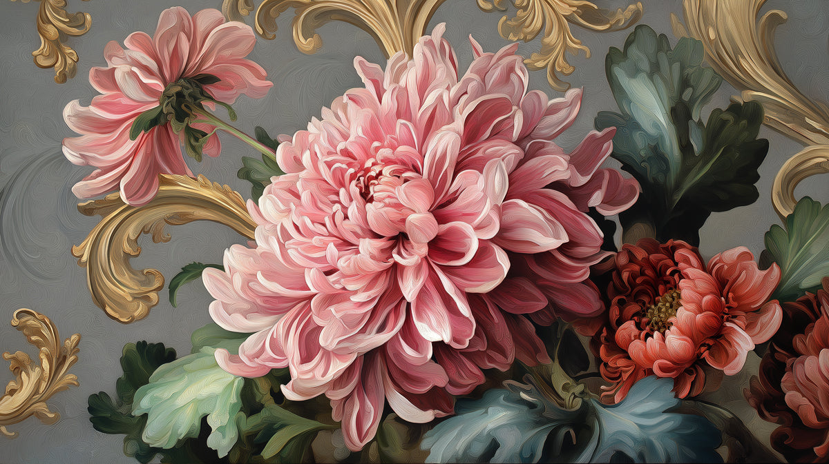 Carta da parati murale con fiori rococò crisantemo | Arte classica con volute dorate
