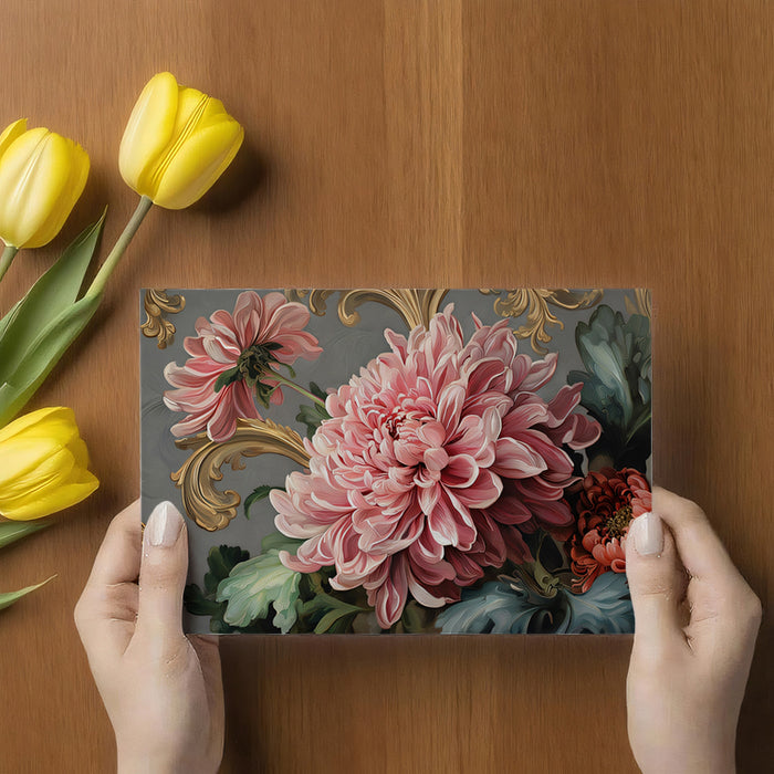 Carta da parati murale con fiori rococò crisantemo | Arte classica con volute dorate