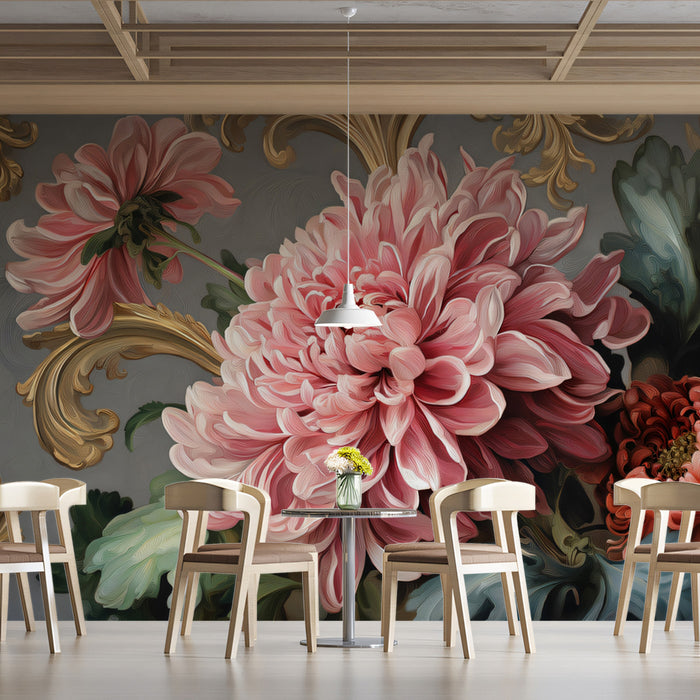 Carta da parati murale con fiori rococò crisantemo | Arte classica con volute dorate
