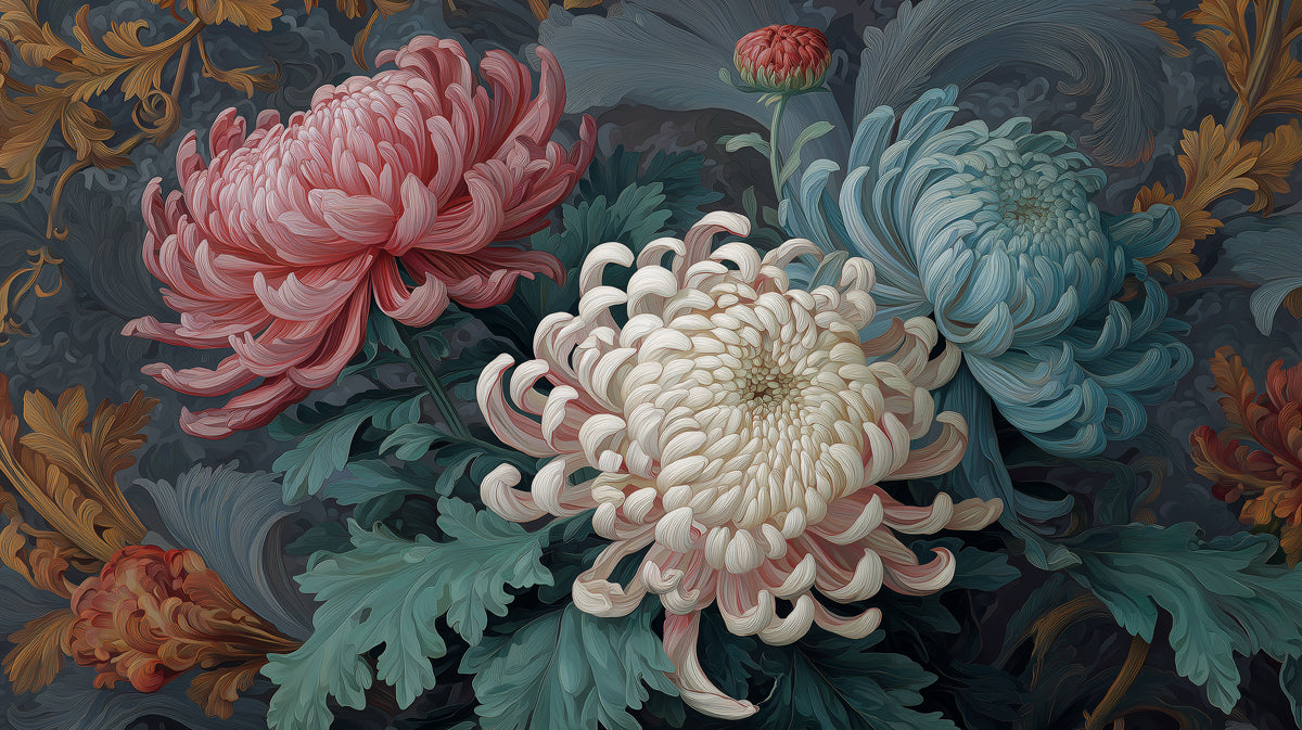 Pittura di crisantemi ornamentali Murale in carta da parati | Arte floreale classica con dettagli dorati