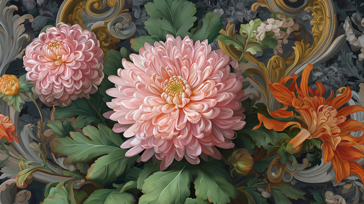 Carta da parati murale con fiori rococò crisantemo | Arte classica con volute dorate
