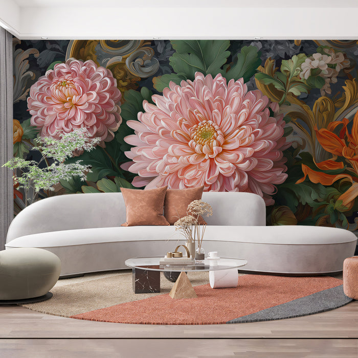Carta da parati murale con fiori rococò crisantemo | Arte classica con volute dorate
