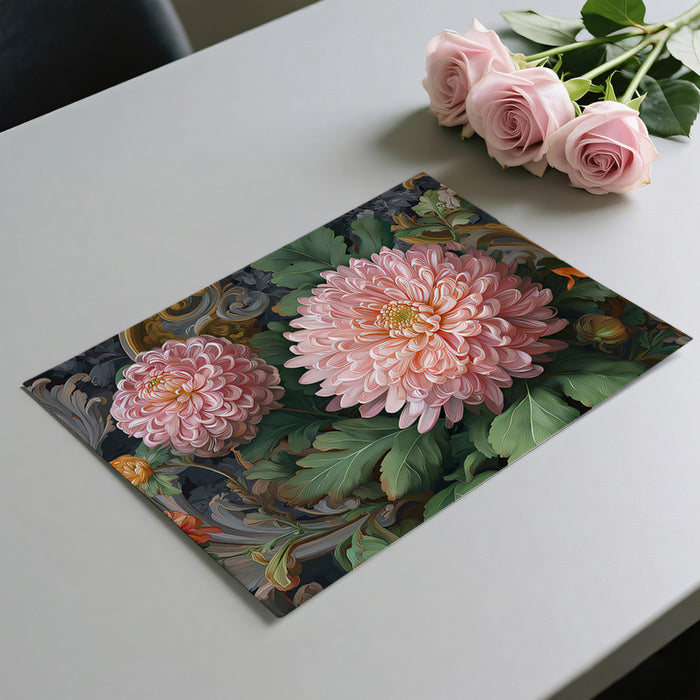 Carta da parati murale con fiori rococò crisantemo | Arte classica con volute dorate