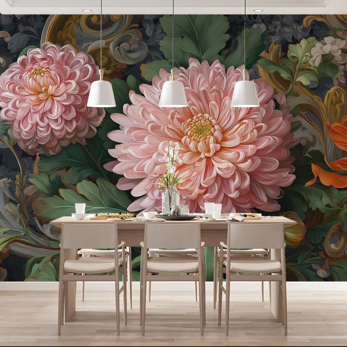 Carta da parati murale con fiori rococò crisantemo | Arte classica con volute dorate