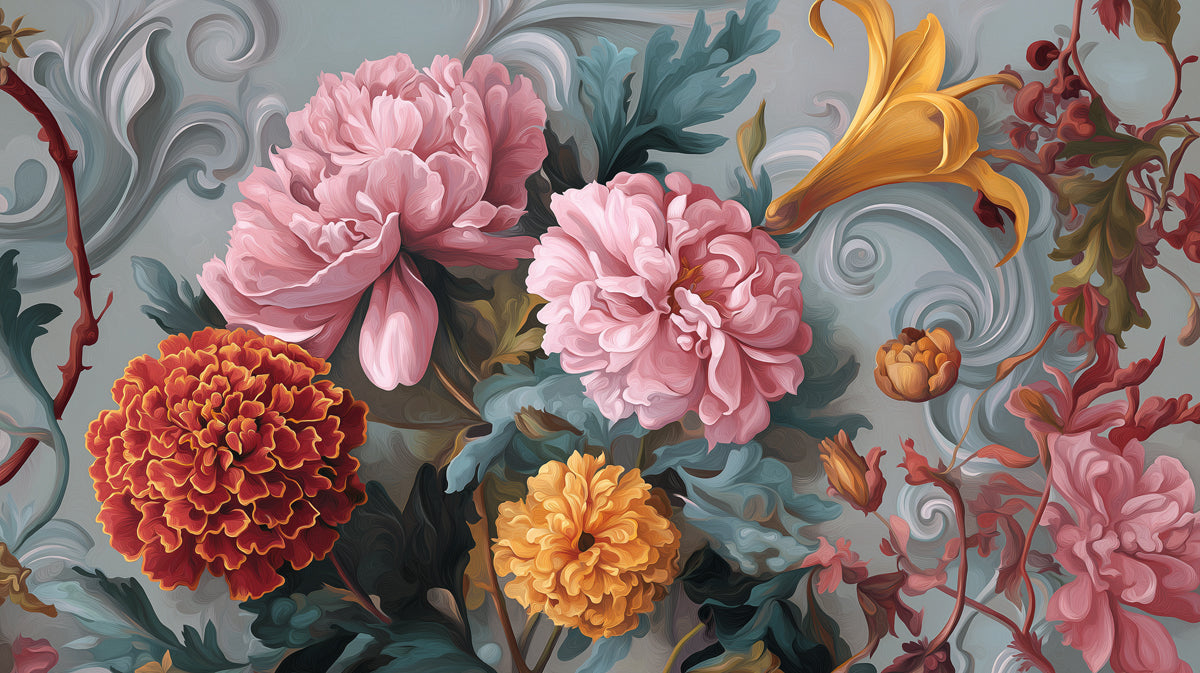 Barockes Blumen-Chrysantheme-Wandgemälde Tapete | Verschnörkelte Kunst mit goldenen Akzenten