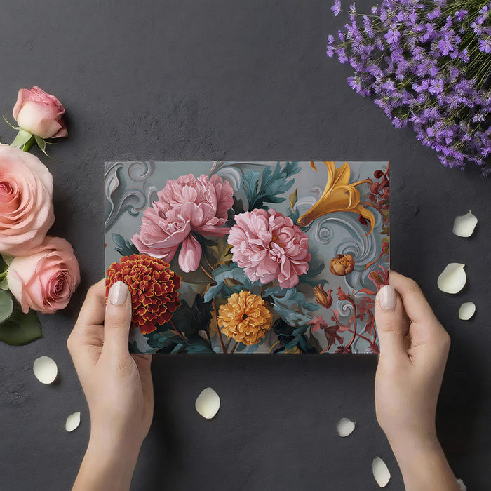 Barockes Blumen-Chrysantheme-Wandgemälde Tapete | Verschnörkelte Kunst mit goldenen Akzenten