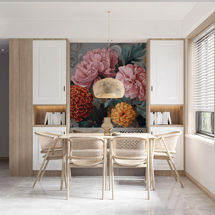 Barockes Blumen-Chrysantheme-Wandgemälde Tapete | Verschnörkelte Kunst mit goldenen Akzenten