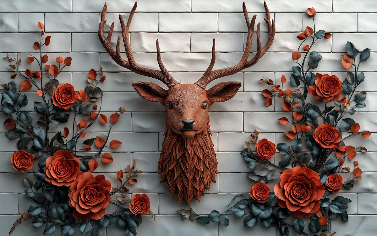 Deer and Roses Mural Wallpaper in Living Room | Brown, Orange, and Gray Deer and Roses