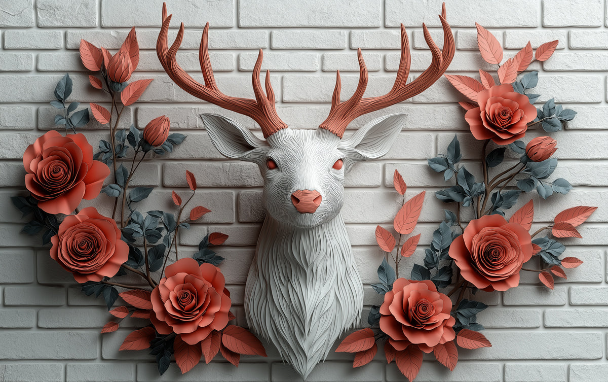 Deer and Roses Mural Wallpaper in Living Room | Brown, Orange, and Gray Deer and Roses -1