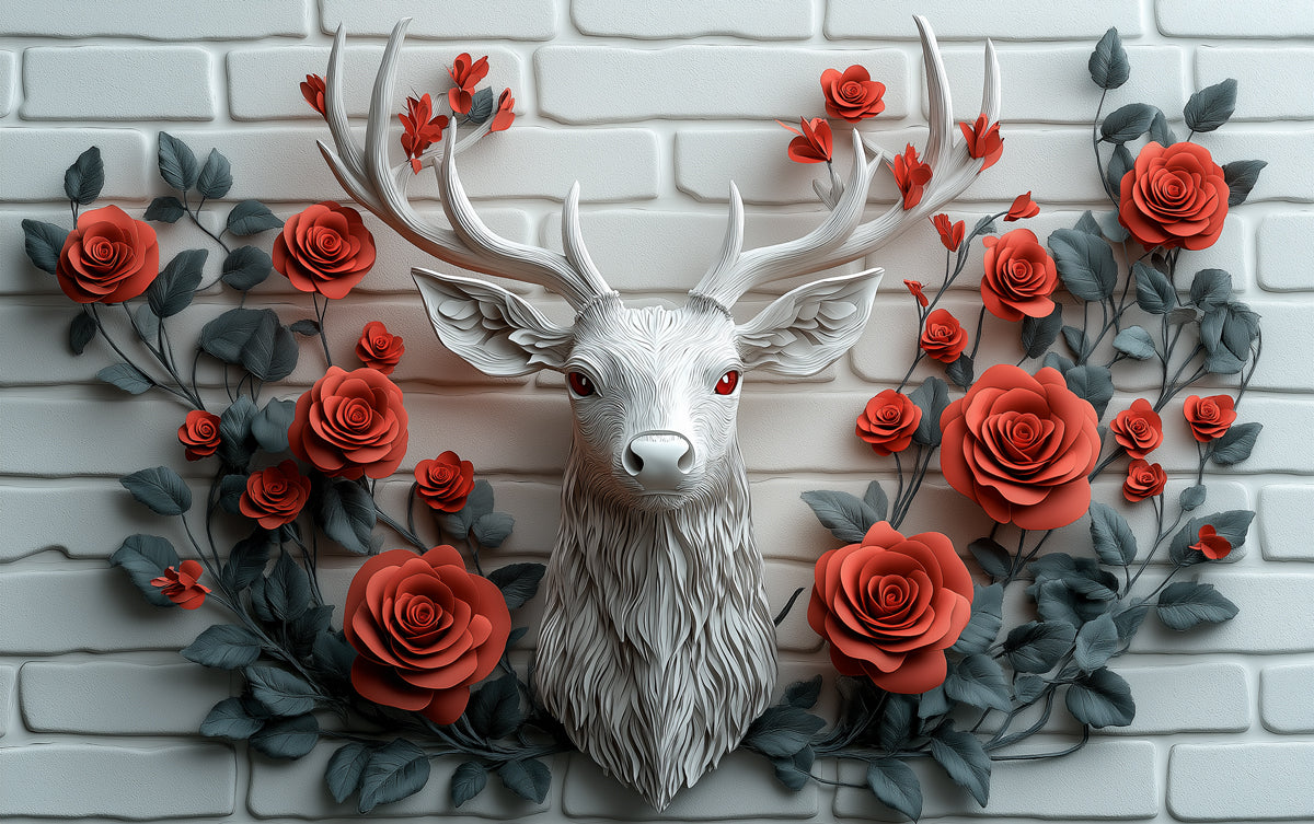 Deer and Roses Mural Wallpaper in Living Room | Brown, Orange, and Gray Deer and Roses -3