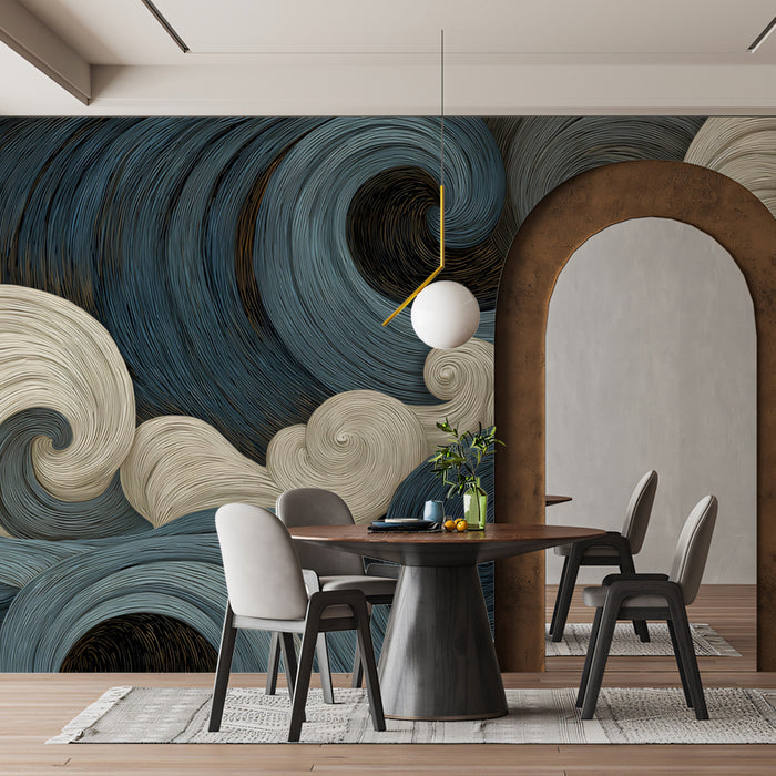 Abstract Swirling Waves Mural Wallpaper | Dynamic Monochrome Flowing Art