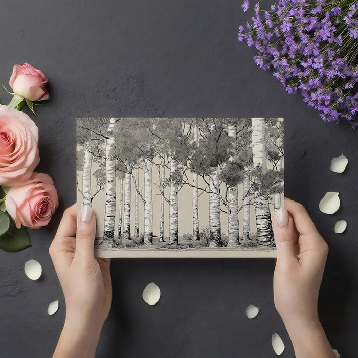 Hand-Drawn Aspen Forest Mural Wallpaper | Monochrome Woodland Scene