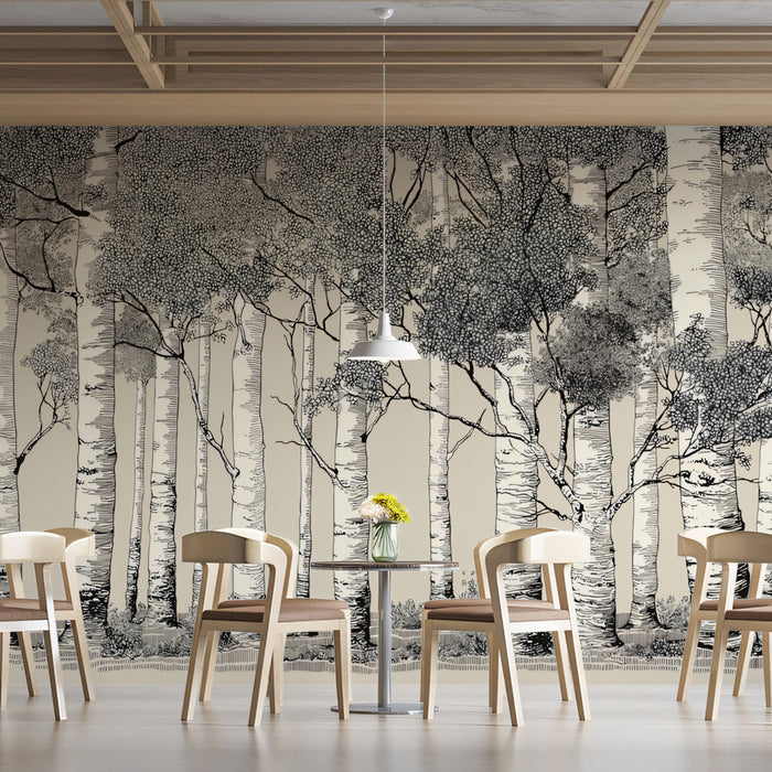 Hand-Drawn Aspen Forest Mural Wallpaper | Monochrome Woodland Scene
