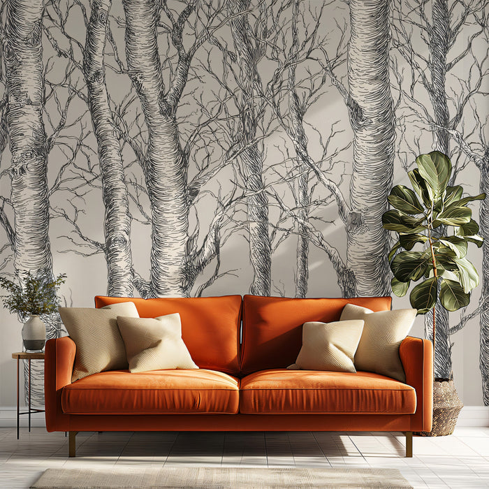 Monochrome Birch Forest Mural Wallpaper | Classic Hand-Drawn Woodland Art